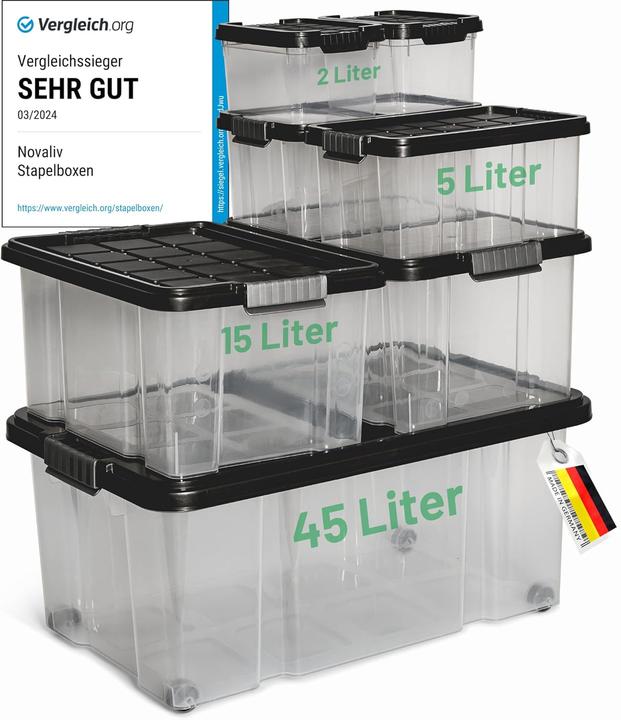 Produktbild Novatool Novaliv 7 tlg Sparset Aufbewahrungsboxen mit Deckel Anthrazit 1x45 L + 2x 15L + 2x 5L + 2x 2L Nestba (45 l)