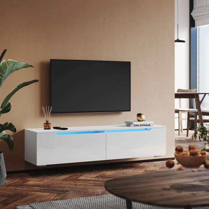 Actual product image SONNI low-profile TV cabinet, white high gloss hanging 160 x 35 x 30 cm, TV cabinet with LED lightin (160 x 35 x 30 cm)