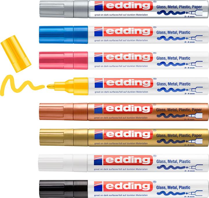 Image du produit Edding Marqueur à peinture brillante (Jaune, Golden, Argenté, Bleu clair, Rose, Blanc, Noir, Cuivre, 4 mm, 8 x)