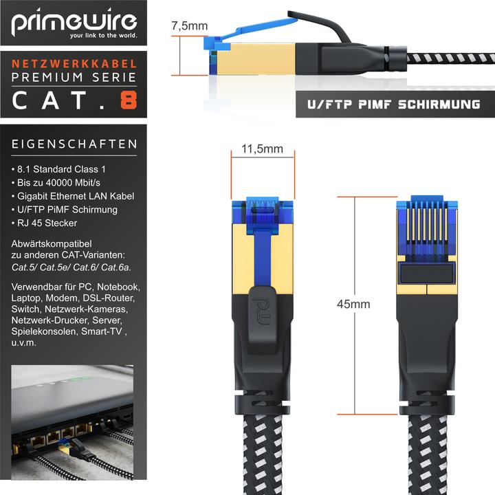 Produktbild Primewire CAT 8 Netzwerkkabel Flach Baumwollmantel - LAN Patchkabel Datenkabel - Flachbandkabel - Verlegekabel (U/FTP, CAT8.1, 1 m)