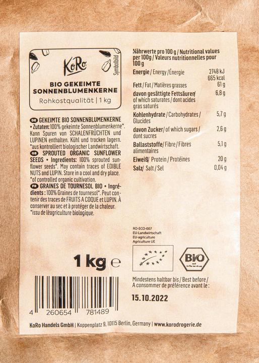 Valeurs nutritives et ingrédients KoRo Graines de tournesol germées bio (1000 g)