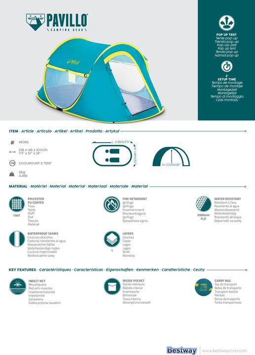 Actual product image Bestway TENT PAVILLO COOL MOUNT 2 (235X145X100CM ) (Pitching tent, 2 kg, 2 persons)