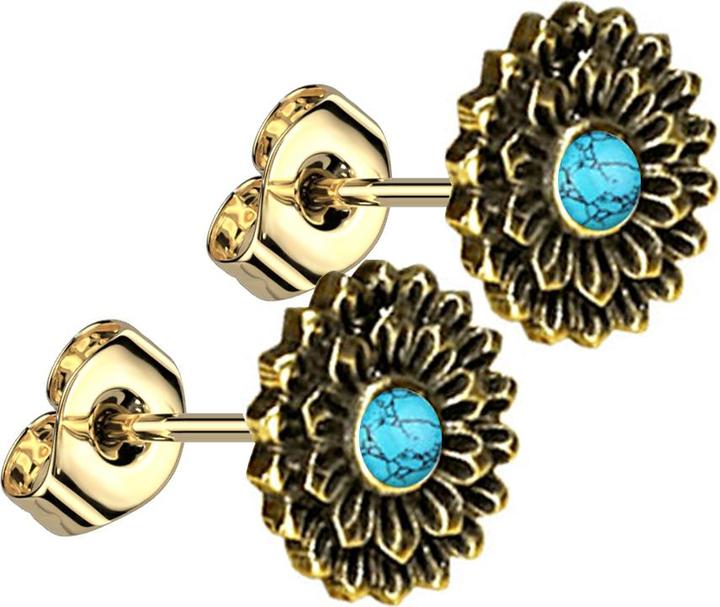 Produktbild Star Piercing Ohrstecker vergoldet Lotus Blume Türkis Stein (Messing, Mineralisch)