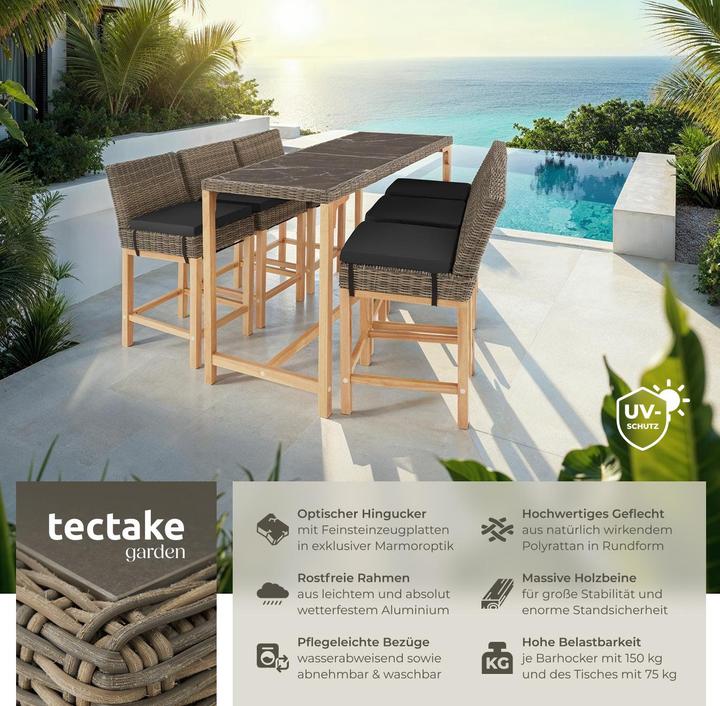 Produktbild tectake Rattan Bartisch Lovas mit 6 Stühlen Latina (161 cm)