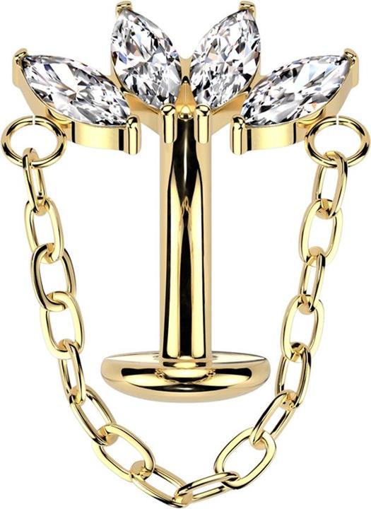 Star Piercing Threadless Labret-Stab Banane vergoldet Fächer vier Kristalle silber mit Anhänger Kette (Titan G23)