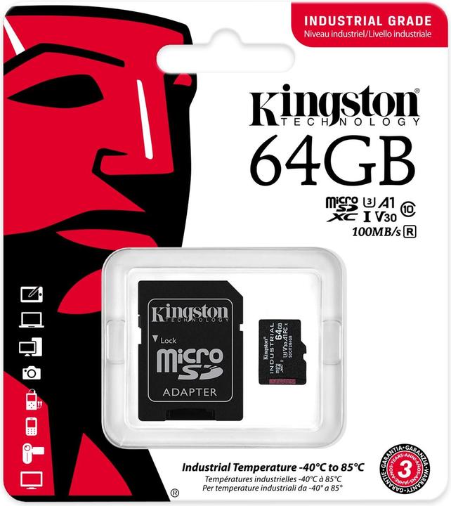 Actual product image Kingston microSDXC Industrial (64 GB, microSDXC, microSDHC, U3, UHS-I)