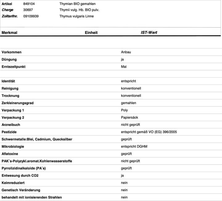 Valeurs nutritives et ingrédients Zimmerli Adaptogene Thym en gélules (BIO) 50 gélules (1 pièce(s), Capsules, 25 g)