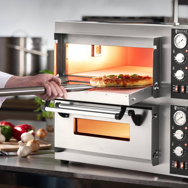 Immagine prodotto Royal Catering Forno elettrico per pizza - 4+4 x 25 cm - 2 camere - 8.400 W - 400 V - Pietra chamotte - Royal (Forno elettrico per pizza)