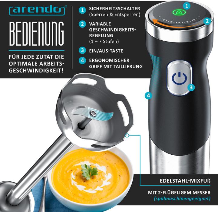 Produktbild Arendo Stabmixer Kabellos, Edelstahl, DC Pürierstab mit Akku, 600ml Messbecher, ohne Kabel, Akkubetrieb