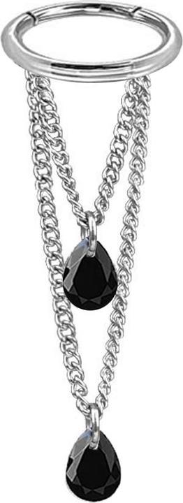 Star Piercing Micro Segmentring klappbar silber Anhänger waagerecht zwei Ketten zwei Ovale Kristalle schwarz (Chirurgenstahl 316L)