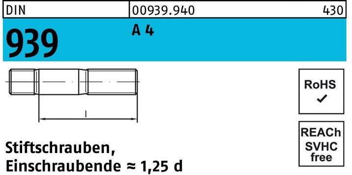 Immagine prodotto Bullone DIN 939 M 24 x 70 A 4 Estremità avvitata=1,25d (10 Viti per pezzo)