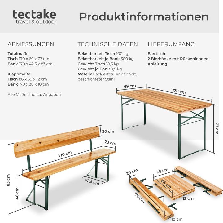 Produktbild tectake Bierzeltgarnitur Franz II, 3-teilig, klappbar, mit Rückenlehnen (69 cm)