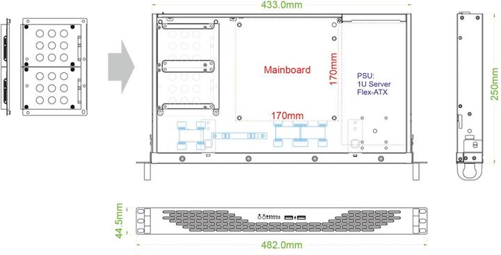 Actual product image Intertech IPC 1HU-K-125L 48,26cm 19inch 1RU IPC enclosure w. 1x 8,9cm 3,5inch int. o 2x 6,35cm 2,5inch i...