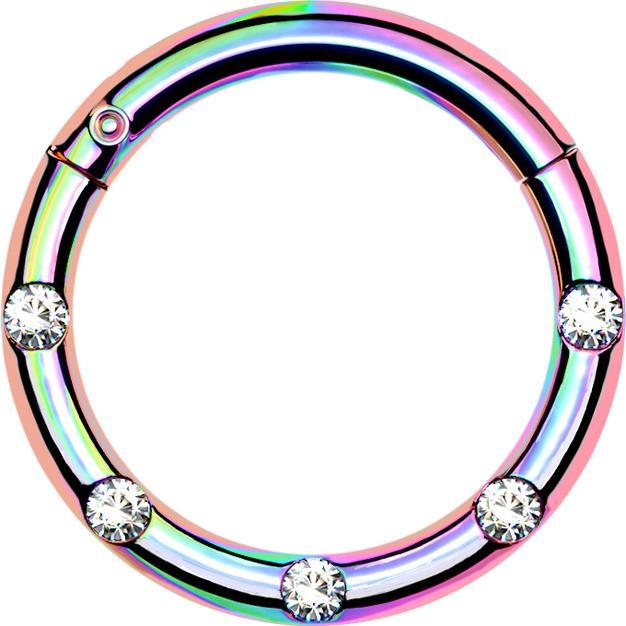 Star Piercing Micro Segmentring klappbar farbig front fünf Kristalle silber (Chirurgenstahl 316L)