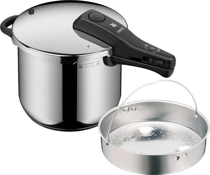 Produktbild WMF Schnellkochtopf 6,5l inkl. Einsatz grosses Kochsignal Perfect Induktion Edelstahl (22 cm, Dampfkochtopf, Edelstahl)