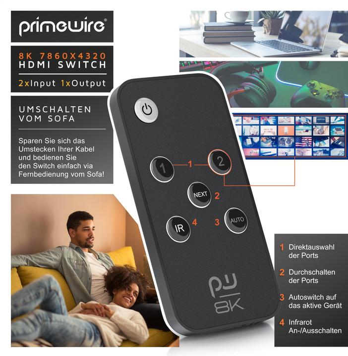 Produktbild Primewire 2-Port HDMI 2.1 Switch, 8K Umschalter, 2 in 1 Out UHD, Splitter mit Fernbedienung, UHD 8k 4k 60 Hz
