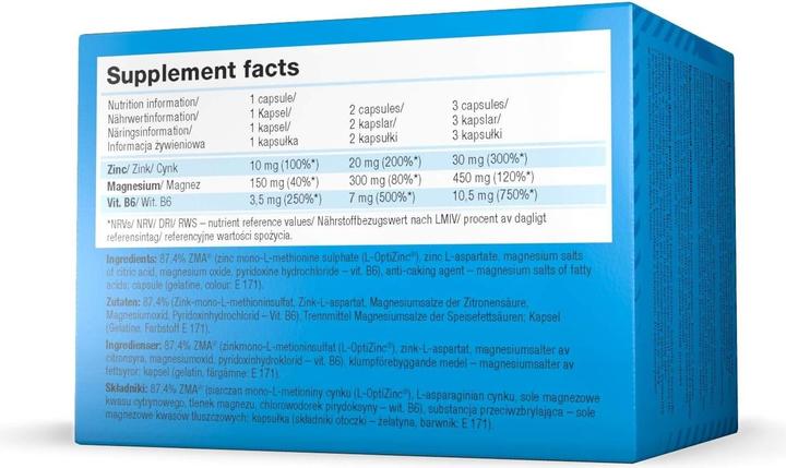 Valori nutrizionali e ingredienti Olimp Sport Nutrition ZMA (T-Activazione) 120 Caps (120 Pezzo/i, Pillole, 111.60 g)