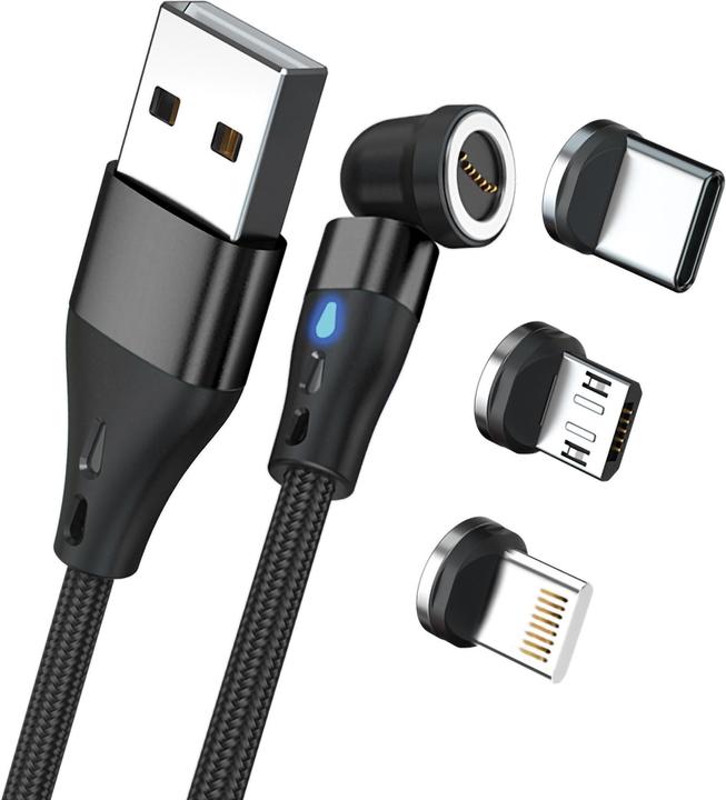 Produktbild RealPower Magnetic cable 3 Amp,2m,schwarz mit Adaptern (2 m, USB 3.0)