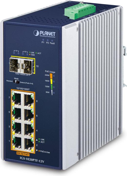 Actual product image Planet Industrial 8-Port GE 802.3at PoE + 2 1000X SFP + (10 Ports)