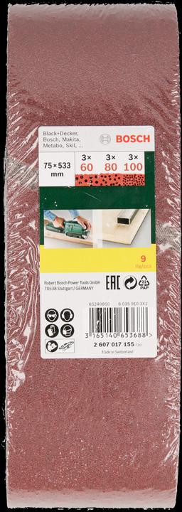 Actual product image Bosch Zubehör Sanding belt set for belt sander, 9 pieces, 75 x 533 mm, grit 60, 80, 100 (60, 80, 100)