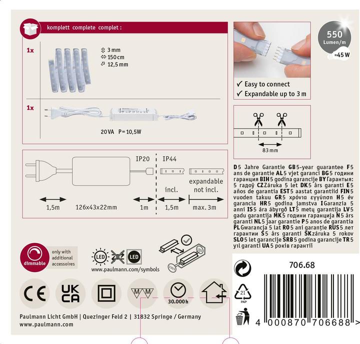 Immagine prodotto Paulmann Set di strisce MaxLED 500 (Bianco caldo, 150 cm, Interno)