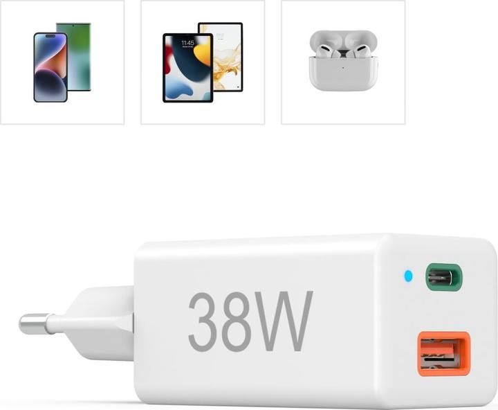 Immagine prodotto Hama Mini caricatore, GaN, USB-C Power Delivery (PD) + USB-A QC3.0, 38W, bianco (38 W)