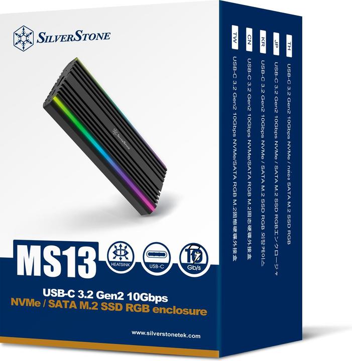 Produktbild Silverstone Technology SST-MS13 - USB-C-3.2-Gen2-10-Gbps-NVMe- / SATA-M.2-SSD-RGB-Gehäuse, 71175, Sc (M.2 2230)