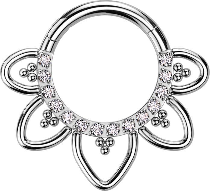 Produktbild Star Piercing Micro Segmentring klappbar silber front Kristalle silber filigrane Herzen (ohne Messing, Titan G23)
