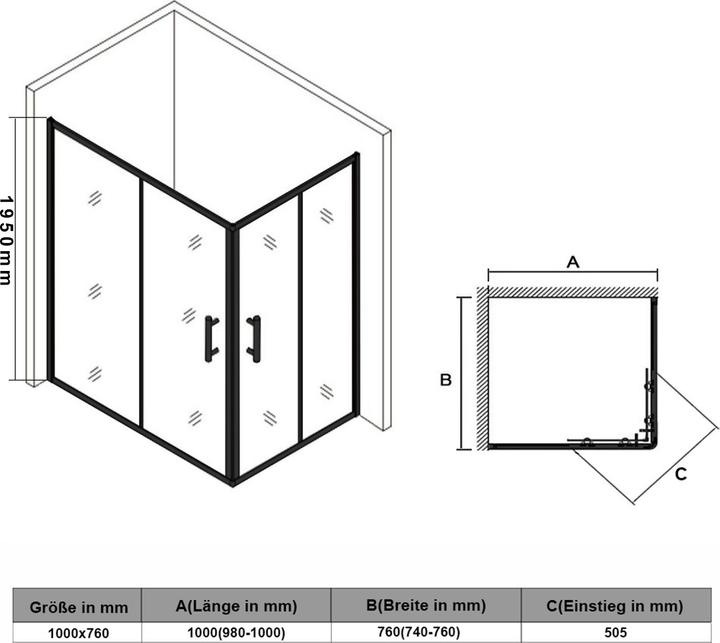 Image du produit SONNI porte de douche 80 x 80 cm noir cabine de douche d'entrée d'angle porte coulissante en verre d (120 cm, 195 cm)