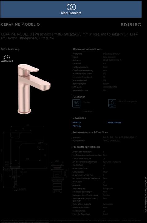 Actual product image Ideal Standard Cerafine O H120 basin mixer with push-open 125 mm projection