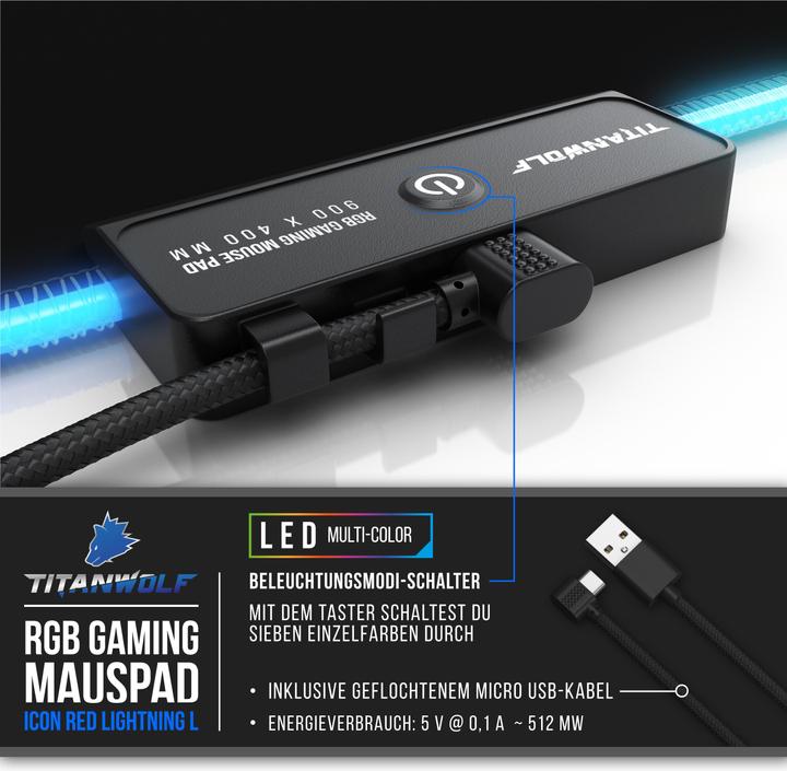 Produktbild Titanwolf RGB Gaming Mauspad, Mausmatte 900 x 400 mm, verbessert Präzision & Geschwindigkeit, Icon rot (XL)