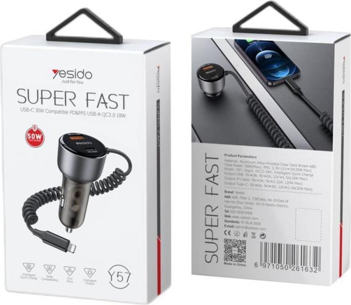 Actual product image Yesido Y57 50W Super Fast Car Charger included Lightning Cable