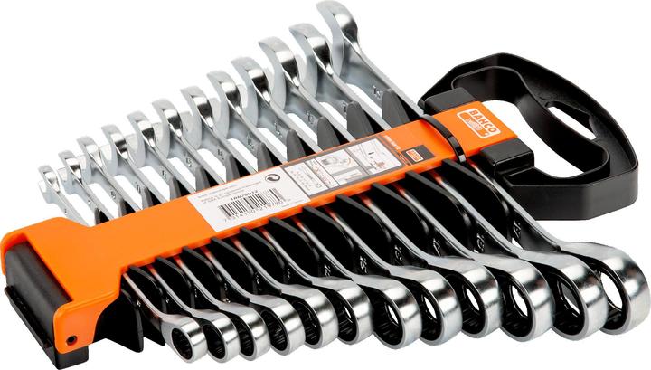 Produktbild Bahco Satz metrische Knarren-Ring-Maulschlüssel - 12-teilig/Kunststoffhalter (12 mm, 8 mm, 13 mm, 10 mm, 19 mm, 17 mm, 18 mm, 11 mm, 16 mm, 15 mm, 14 mm, 9 mm)