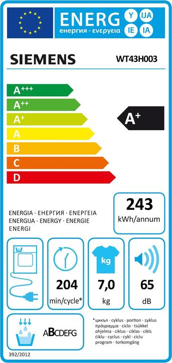 Energy Label Siemens WT43H003 (7 kg, Right, EU plug)