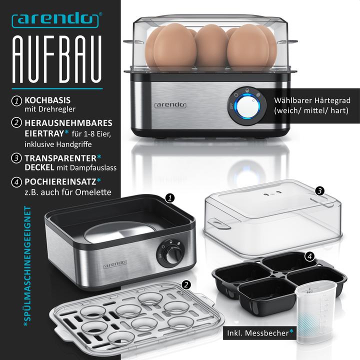 Actual product image Arendo Breakfast set, kettle 1.5l temperature selection, 2-slice toaster & egg cooker for 8 eggs, silver