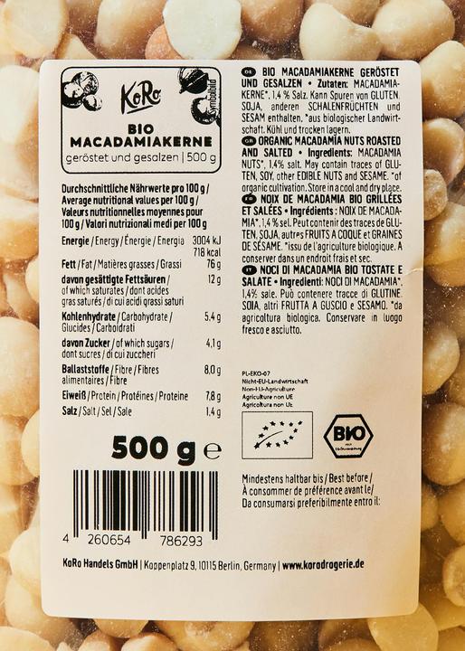 Nährwerte und Zutaten KoRo Bio Macadamiakerne geröstet und gesalzen (500 g)