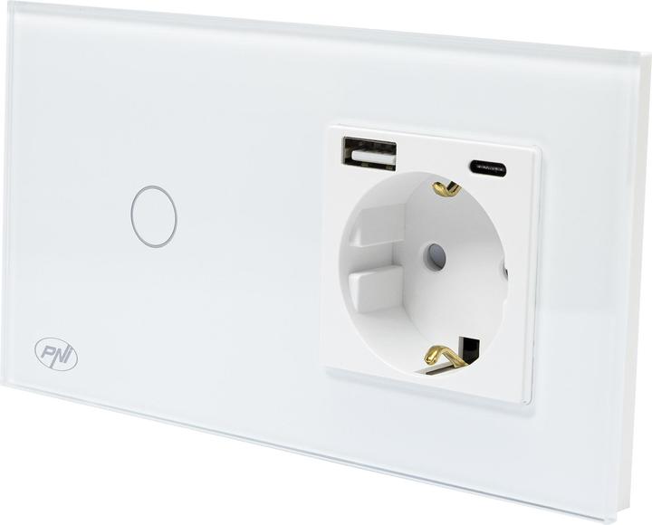 Actual product image PNI SH115W simple glass switch with touch, combined with Schuko socket outlet and USB plugs