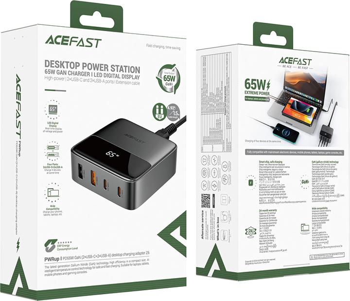 Immagine prodotto Acefast Z6 Charger Network GaN Desktop 2x USB-A / 2x USB-C PD 65W - Nero (65 W)