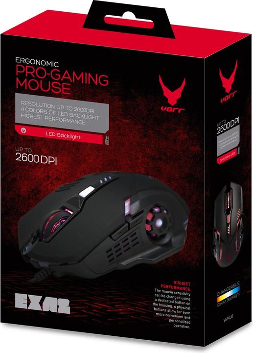 Immagine prodotto Varr Mouse USB cablato da gioco, nero (con 4 retroilluminazione a LED), DPI regolabile (800, 1200, 1600 (Cablato)