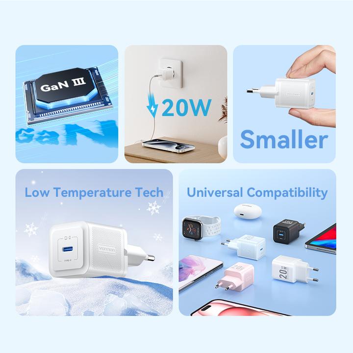 Image du produit Vention Chargeur mural,, FEPW0-UE, USB-C, 20W, GaN (blanc) (20 W)