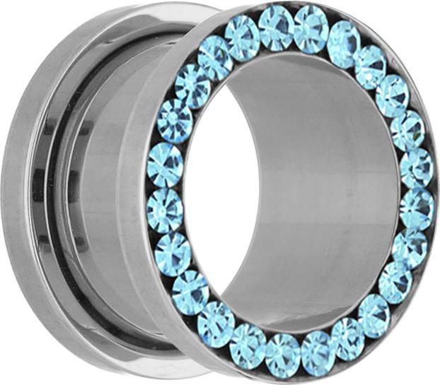 Star Piercing Flesh Tunnel silber mit Kristall aqua (ohne Messing, Chirurgenstahl 316L)