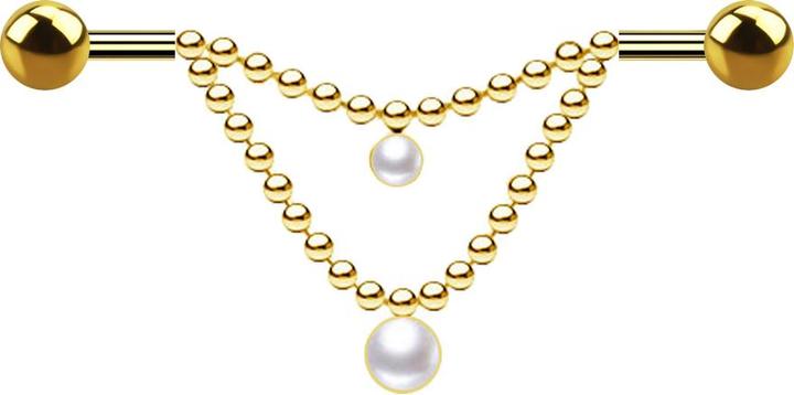 Produktbild Star Piercing Barbell vergoldet zwei Kugeln zwei Ketten Perle weiss (ohne Messing, Chirurgenstahl 316L)