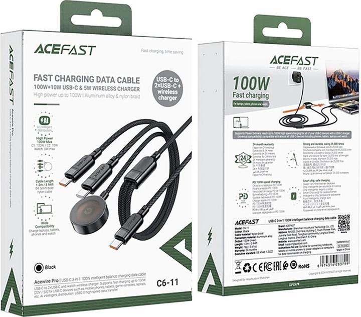 Produktbild Acefast C6-11 USB-C 3in1 Cable - 2x USB-C / Qi 480Mb/s 100W 1.2m - black (1.20 m, USB 3.2 Gen 2)