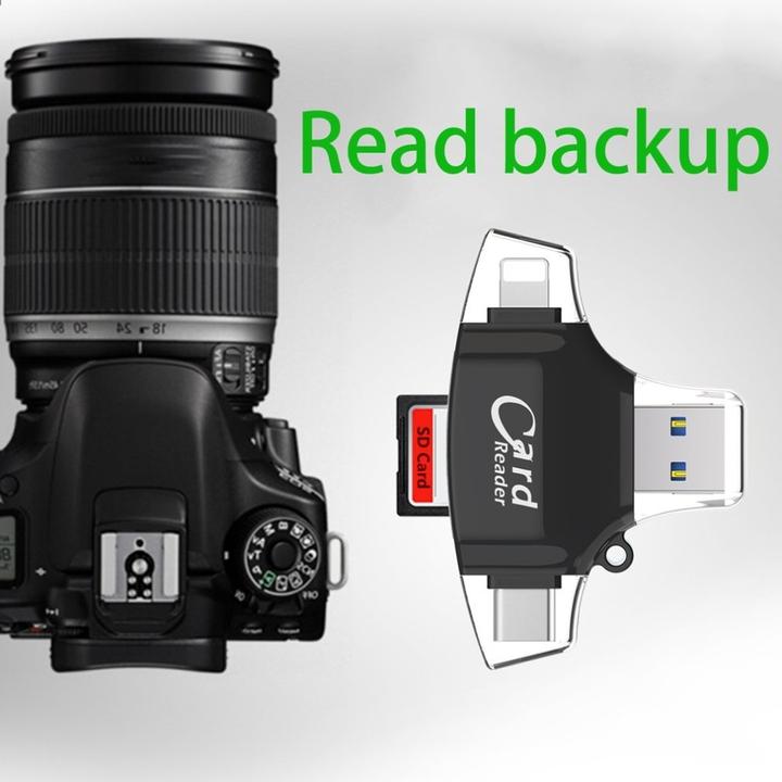 Actual product image Apfelkiste 4in1 mini card reader for SD/MicroSD - Lightning, USB C & Micro USB (Black)