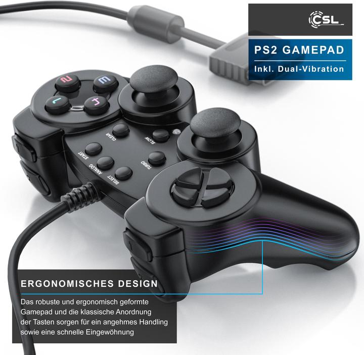 Produktbild CSL 2x PlayStation Controller, PS2 Gamepad mit Dual Vibration (Rumble Effekt), Präzision & Komfort (PS2)