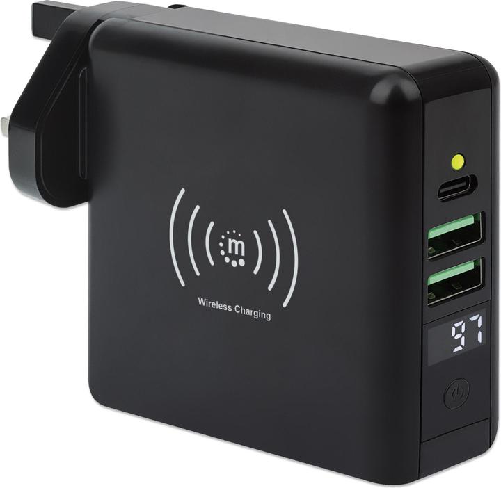 Produktbild Manhattan 4-in-1 Reiseladegerät und Powerbank 8.000 mAh Ein kabelloses 5 W-Induktionsladepad, zwei 12 W USB-A- (8000 mAh, 5 W, 29.60 Wh)