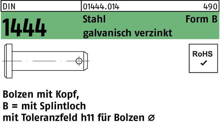 Produktbild Bolzen DIN 1444/ISO 2341 m.Kopf/Splintloch B 8 x 50/46,5 Stahl galvanisch verzinkt
