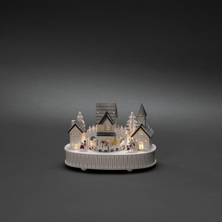 Produktbild Konstsmide Gnosjö LED Holzsilhouette"Haus und Kirche", weiss, mit Spieluhr und 6h Timer, 5 warm weisse