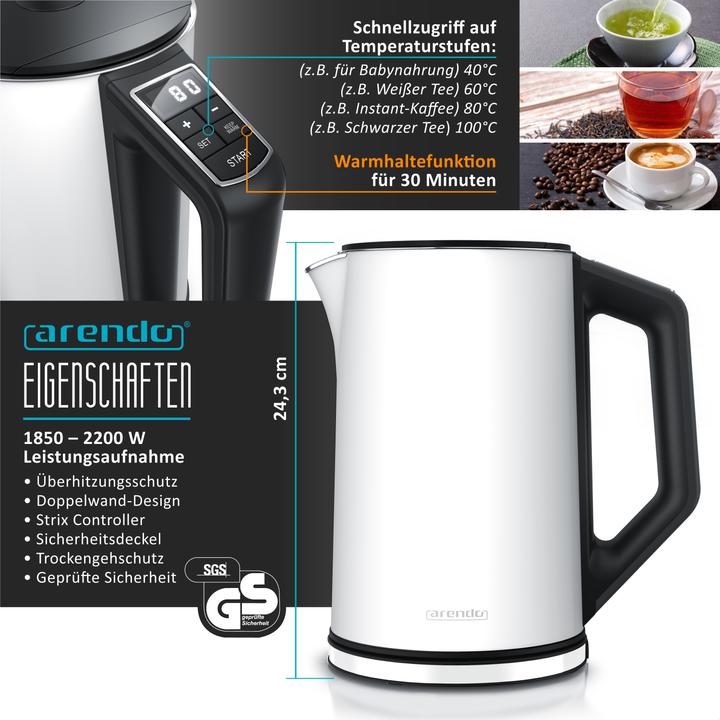 Immagine prodotto Arendo Set per la colazione Bollitore in acciaio inox da 1,5 l con selezione della temperatura e tostapane (1.70 l)