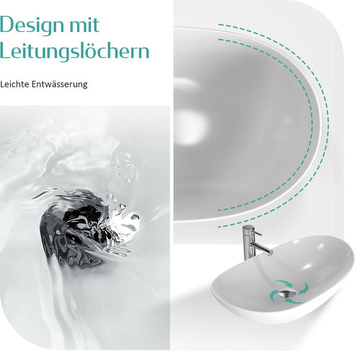 Image du produit Emke Lavabo à poser, Vasque ovale, Céramique, Blanc Brillant, sans trou pour robinet, 615x350x155mm (360 mm, 615 mm)